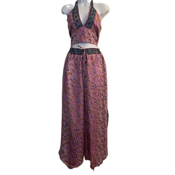 ASHA Pink Paisley Print Halter Crop Top Wide Leg Pants Set Boho Festival - Picture 1 of 5